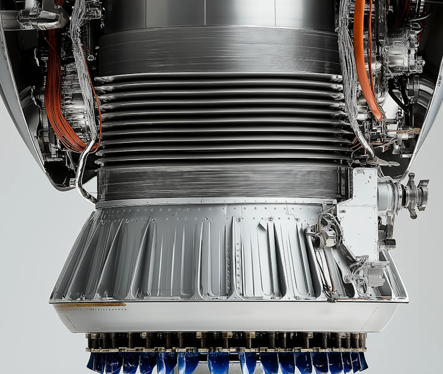 Close-up of a metallic rocket engine nozzle with detailed wiring and cooling fins.